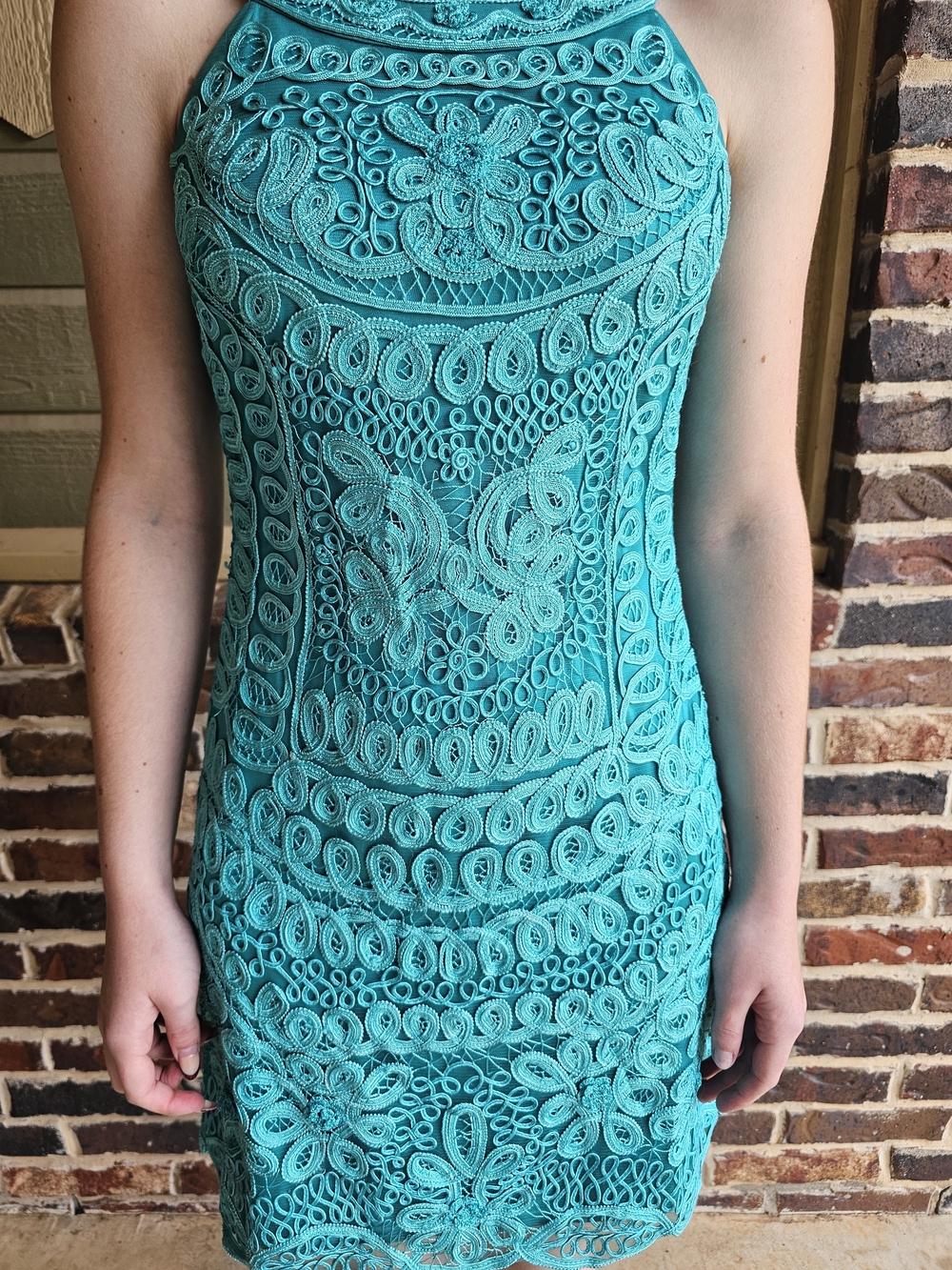 Sue Wong Turquoise Crochet Halter Mini Dress